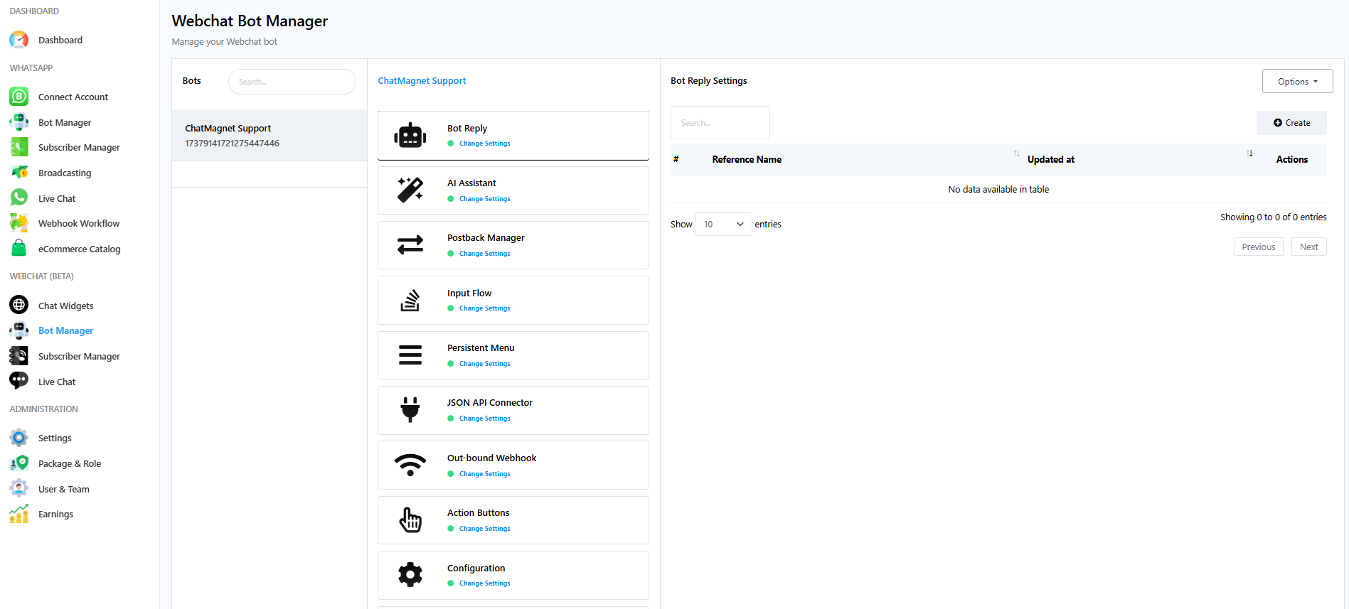 Web Chat Bot Manager Interface